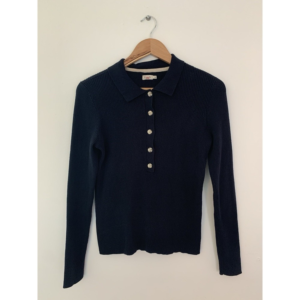 Faherty Mikki Ribbed Polo Sweater Cotton Cashmere Navy Sz L MSRP $168 Prep Ivy‎